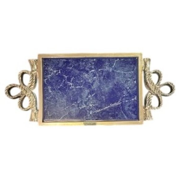 Vtg Lamosa Mexican Serving‎ Tray Blue Marble Pewter Ornate Handles Handmade - Picture 6 of 12